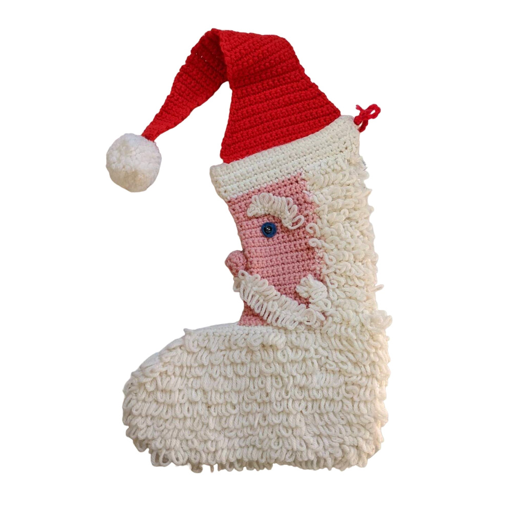 Vintage Anthropomorphic Santa Claus Stocking‎ "Loopy Santa" Hand Crocheted 1970s